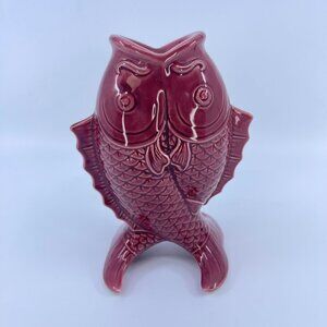 vintage double fish candle holder burgundy glaze textured 5 3/4" tall